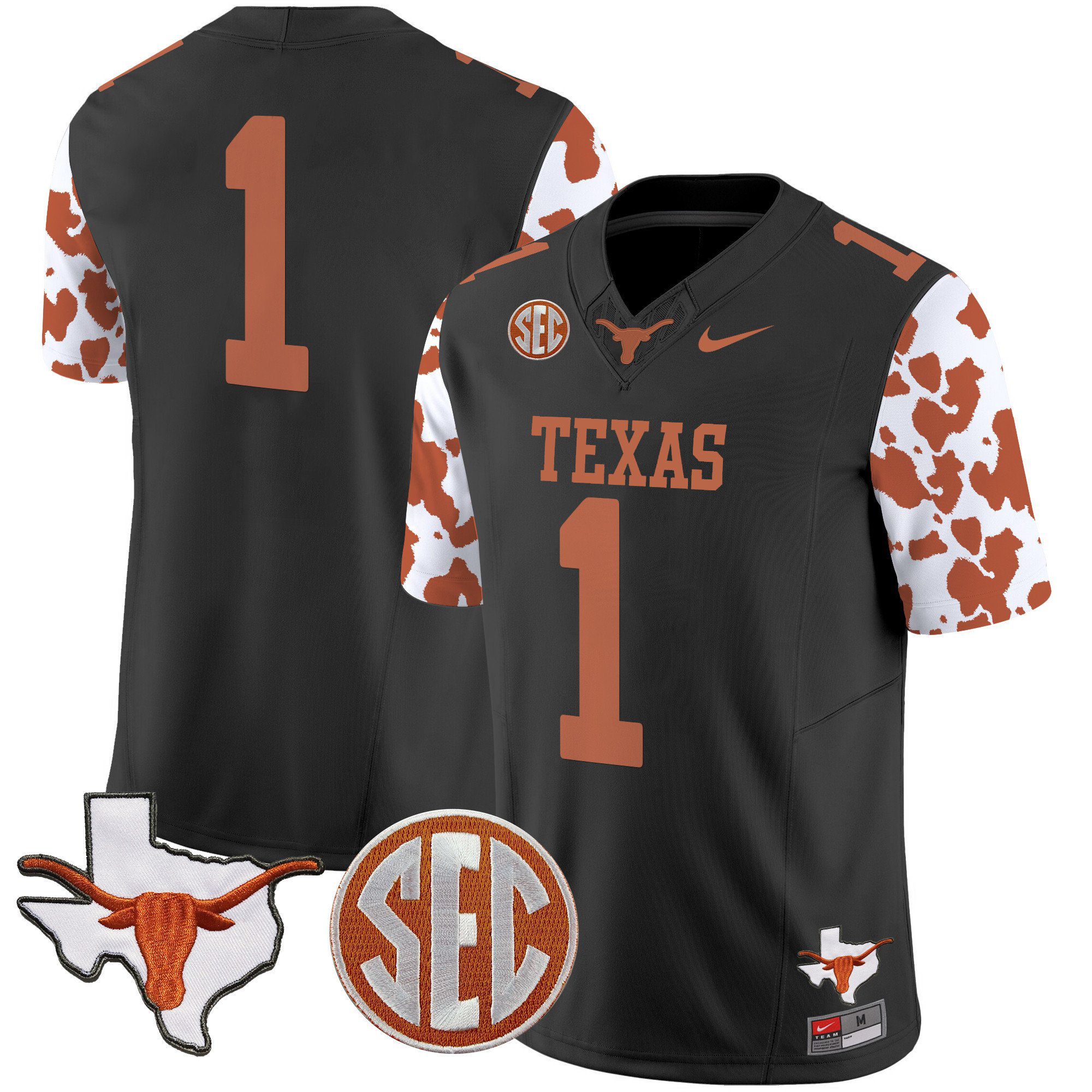 Men Texas Longhorns #1 No Name Black 2024 Nike Cow Spots Vapor Limited NCAA Jersey